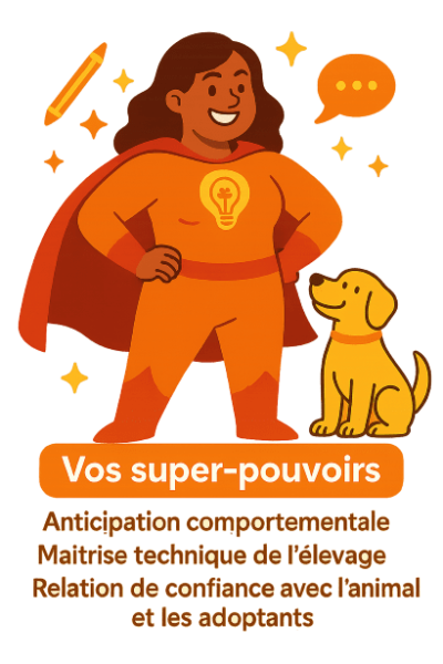 Formation éleveur chien Formation éleveur chien pour avoir des Super pouvoir : Anticipation comportementale Maîtrise technique de l’élevage Relation de confiance avec l’animal et les adoptants
